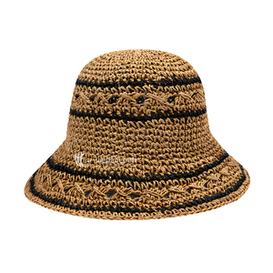 <b>Women</b> Adjustable Paper Sun Hat Hand Embroidery Striped Pearl Trim Wide Brim Bucket Beach Vacation Outdoor <b>Cap</b> - Product Image 3