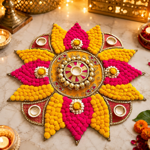 Décoration de Rangoli artisanale rose et jaune pour Diwali avec motif de fleurs pompon et porte-bougie pour la décoration de la maison pendant les fêtes - Product Image 4