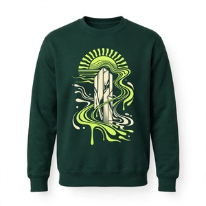 Sweat-shirt à col rond en coton vert foncé, imprimé géométrique vert fluo, vêtements de rue personnalisés, pull-over pour hommes, tissu 340g - Product Image 1
