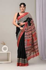 Saris en coton imprimé à motifs artistiques traditionnels avec chemisier en lin pour femmes, à porter pour toutes les occasions, provenant d'un fournisseur indien. - Product Image 5