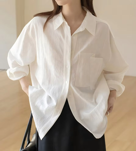 Chemise ample vintage d'été pour femme à manches longues et col à revers avec poche plaquée en tissu tricoté respirant - Product Image 6