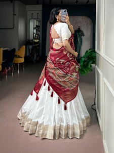 <b>White</b> <b>Lehenga</b> Choli With Red Embroidered Dupatta For Traditional Indian Pakistani Wedding Wear - Product Image 5