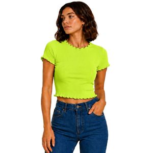 <b>Lime</b> <b>Green</b> Ribbed Crop Top Women Short Sleeve Lettuce Trim Crew Neck Cotton Spandex Slim Fit Casual Summer T Shirt Custom OEM - Product Image 1