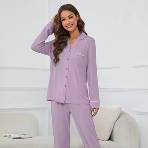 Pyjamas pour femmes, vêtements de nuit personnalisés, faible MOQ, impression couleur unie, pyjamas confortables pour femmes, pyjamas grande taille pour femmes, pyjamas en bambou - Product Image 1