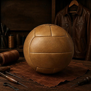 Balón de fútbol de cuero genuino vintage con acabado artesanal, costuras premium, decoración deportiva, en venta a bajo precio. - Product Image 5