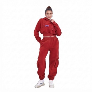<b>Women</b> 2 Piece Red Fleece Hoodie <b>Set</b> Casual Loose Fit Full Sleeve Cargo Pants Letter Print All Seasons Knitted Sweatshirt Outfit - Product Image 1
