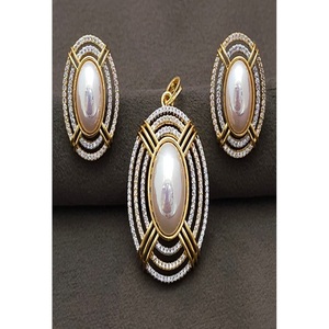 Stylish Premium Quality Brass Gold Plated Link Chain Zircon Pendant <b>Necklace</b> Earrings Set Women's Wedding Occasion - Product Image 1