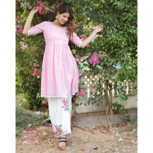 ชุดคุรตะผ้าฝ้ายสีชมพูกุหลาบ ลายบล็อกพิมพ์มือ แขนสามส่วน สไตล์ลำลอง ไซส์ XS - Product Image 4