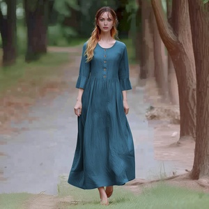 Vestido Maxi Personalizado de Lino Mezclado con Mangas Acampanadas, Vestido Largo Estilo Boho para Mujer, Vestido de Verano para Uso Diario y Vacaciones - Product Image 2