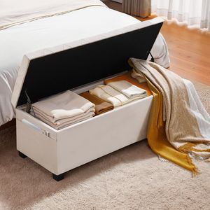 Banc de rangement capitonné avec cadre métallique, coffre relevable en lin rembourré, pour le bout du lit ou comme sacs de rangement latéraux - Product Image 5