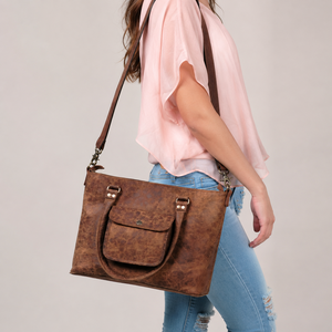 Distressed Brown Leather Tote Crossbody Bag Vintage <b>Shoulder</b> Handbag With Front Pocket And Adjustable <b>Strap</b> - Product Image 3