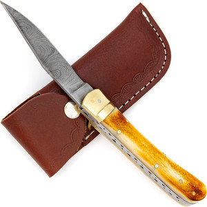 Handmade Damascus Steel Folding Pocket <b>Knife</b> <b>Bone</b> <b>Handle</b> Leather Sheath Camping Hunting Drop Point Utility Wholesale Pasha - Product Image 1