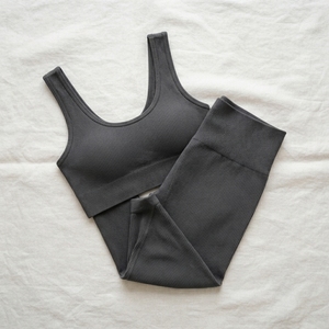 Conjunto de yoga acanalado color carbón para mujer, top corto y leggings de cintura alta, ropa deportiva para gimnasio, fitness y entrenamiento, conjunto de dos piezas - Product Image 6