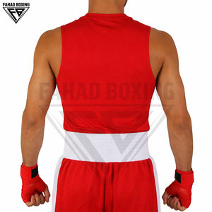 Wholesale Red & White Boxing Singlet & Shorts Set with <b>Stretch</b> Breathable Lightweight 100% Polyester for Competition - Product Image 4
