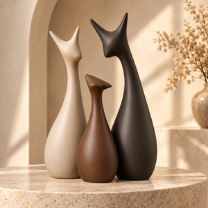 Ensemble de 3 sculptures abstraites de chats |   Figurines Artisanales Modernes en Aluminium Écologiques pour Salon, Bureau, Table Console - Product Image 3