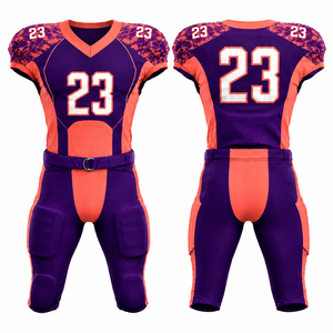 Ensemble Maillot et Pantalon de Football Américain Personnalisé Sublimé pour Homme, Col en V, Violet Orange, Anti-humidité, Coupe Ajustée - Product Image 5