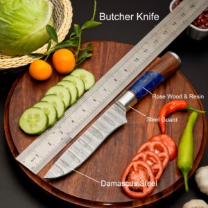 Juego de Cuchillos de Chef de Acero de Damasco Hechos a Mano, 5 Piezas, Hoja Recta, Ambidiestros, Mangos de Resina y Madera de Palisandro, Longitud de Hoja de 5 Pulgadas - Product Image 2