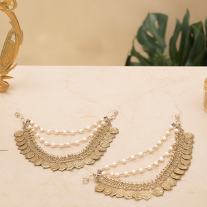 Matte Coin Style Ear Chain with Pearl-Fashion Earrings - Product Image 2