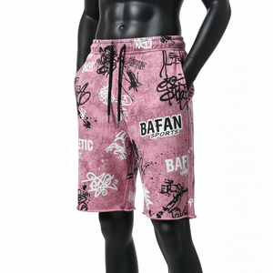 Shorts en molleton de coton premium 320 GSM, lavage acide, rose et noir, impression intégrale, logo personnalisé, pour homme - Product Image 4