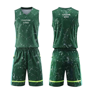 Ensemble de maillots de basket personnalisés, col en V, sans manches, imprimé marbré vert sublimé, évacuation de l'humidité, 100% polyester, adulte - Product Image 6