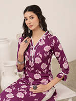 Kurti en coton imprimé fleuri violet avec pantalon blanc pour femme, tenue décontractée printemps-été, style traditionnel, magnifique Kurti pour femme