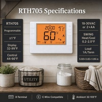Termostato HVAC Programable RTH705 1H1C, Termostato Digital de Habitación con Batería y Doble Alimentación de 24V