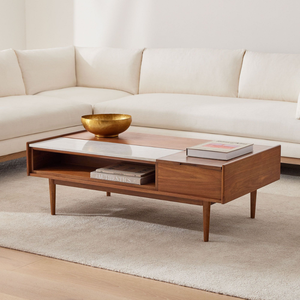 Mesa de Centro de Teca Sólida de Primera Calidad, Estilo Moderno de Mediados de Siglo, con Tapa Elevable, Almacenamiento Oculto y Superficie con Detalles de Mármol - Product Image 6