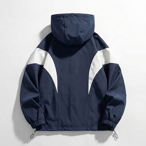 Navy & White Color block Hooded <b>Jacket</b> with Curved Contrast Panels | <b>Packable</b> Windbreaker | OEM/Private Label Outerwear - Product Image 2