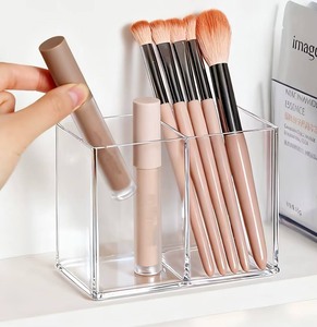 Último diseño, organizador acrílico de 2 compartimentos para brochas de maquillaje y contenedor de almacenamiento para lápices labiales brillantes, para usar en el tocador. - Product Image 4