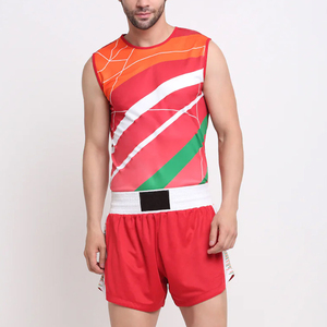 Débardeur de boxe rouge pour hommes avec rayures blanches et vertes, vêtements de sport anti-humidité pour l'entraînement aux arts martiaux, uniforme de boxe - Product Image 4