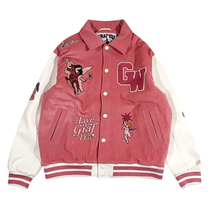 Blousons universitaires épais style baseball rose classique avec fermeture boutonnée, logo personnalisé et broderie chenille - Product Image 1