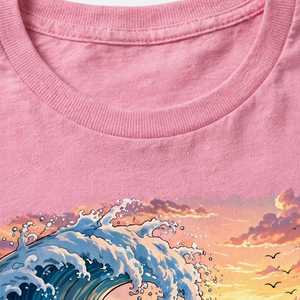 Camiseta Personalizada con Estampado de Delfín Rosa y Olas, Camiseta de Algodón con Gráfico de Atardecer y Océano para Mujer, Estilo Playero y Surf, Top de Verano al por Mayor - Product Image 3
