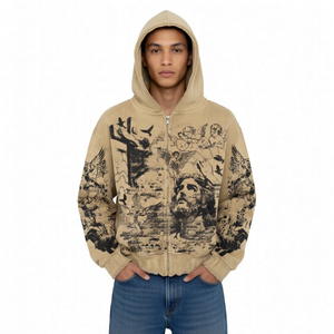 Sweat à capuche zippé personnalisé avec motif tatouage, style gothique vintage premium, streetwear oversize, fabricant de vêtements à marque privée SHH - Product Image 3
