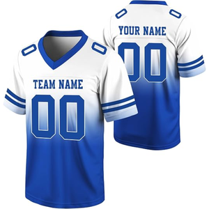 Maillot de football américain personnalisé pour adultes unisexe, blanc et bleu, col en V, manches courtes, impression sublimée, évacuation de l'humidité, 100% coton - Product Image 1