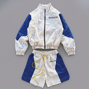 Custom Design Acid Wash Printed Cotton Lapel <b>Zip</b>-<b>Up</b> <b>Jacket</b> and Shorts Set Waterproof Men's Windbreaker Tracksuit - Product Image 3