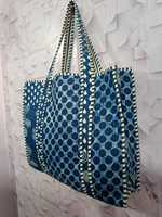 Sac fourre-tout pour femme en coton indigo matelassé, léger et luxueux, fait main, avec deux poignées, imprimé bleu, grande capacité, bandoulière