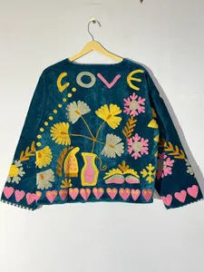 Chaqueta Bomber de Terciopelo Suzani, Transpirable, con Diseño Floral Bordado, Unisex, para Invierno/Primavera/Verano/Otoño - Product Image 2