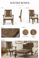 Fauteuil d'appoint à accoudoirs en bois massif fait main, motif floral, style antique, pour salles à manger d'hôtels et de villas