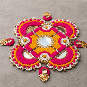 Tapis Rangoli fait main avec pompons et ensemble de Diya, bordure rose et jaune miroir perlé, décoration de sol pour mariage Diwali, tapis Rangoli de mariage - Product Image 5