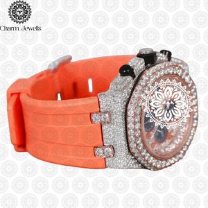 Charm Jewells Reloj de lujo de acero inoxidable con banda naranja y detalles de diamantes, cronógrafo analógico mecánico, moda unisex, caja de 43 mm 10 - Product Image 4