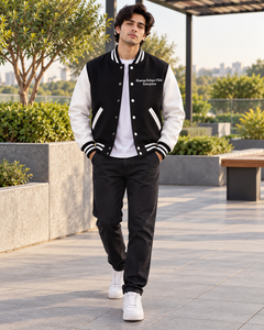Men's <b>Navy</b> <b>Blue</b> Varsity <b>Jacket</b> White Sleeves Embroidered Logo Stand Regular Fit Winter <b>Fleece</b> Breathable Windproof Wholesale - Product Image 1