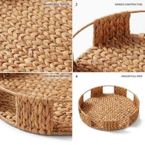Plateau rond en jacinthe d'eau naturelle, panier de service tissé avec poignées pour la décoration de table d'ottoman dans le salon et l'organisation de la maison - Product Image 3