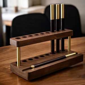 Wooden Single Tier <b>Pen</b> <b>Holder</b> <b>Desk</b> Organizer Brass Accents Rectangle Shape Handmade Minimalist Multi-Purpose Storage Rack <b>for</b> - Product Image 6
