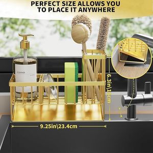 Portaspugne da cucina con supporto per spazzole, organizer da lavello in acciaio inox 304 antiruggine, accessorio da piano di lavoro color oro, soluzione salvaspazio per la cucina - Product Image 4