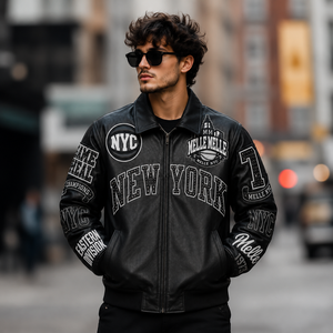 OEM Custom Men's Luxury Genuine Lambskin Leather Autumn Varsity <b>Jacket</b> Heavyweight <b>Rhinestone</b> Patch Applique Autumn Streetwear - Product Image 1