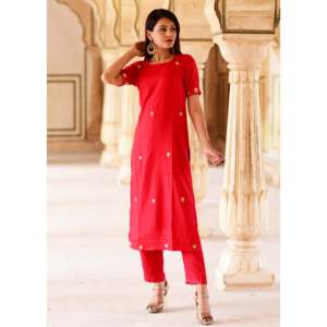 Robe Kurta et pantalon en rayonne rouge, taille XS - Product Image 5