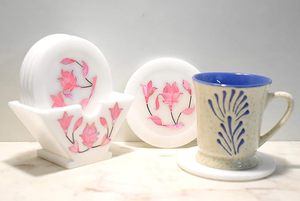 Handcrafted White <b>Marble</b> <b>Coaster</b> with Seashell Stone Inlay Elegant Table Decor - Product Image 5