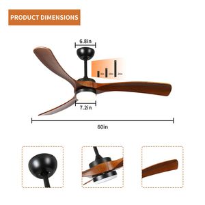 Ventilateur de plafond LED en bois massif à 3 pales de 60 pouces avec lumière - Product Image 4