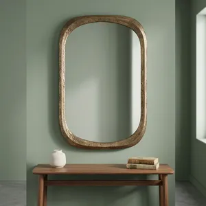 Modern Antique Gold Rounded <b>Rectangle</b> <b>Wall</b> <b>Mirror</b> with Textured Metal Frame <b>for</b> Bathroom Bedroom Living Room Decor - Product Image 5