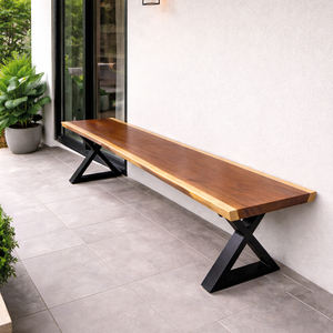 Banco de Madera Natural con Borde Natural de Suar/Monkey Pod, Patas de Metal, Madera Maciza, Duradero, Moderno, Ecológico, Diseño Plegable, para Sala de Estar - Product Image 3